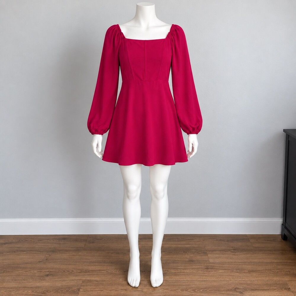 Hollister Mini Dress Womens L Red Corset Long Sleeve Smocked Back Fit & Flare